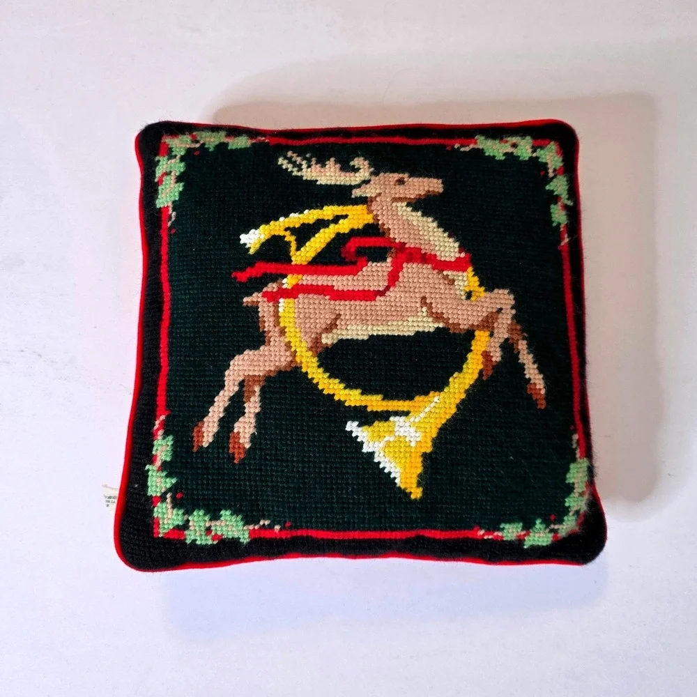 Vtg Reindeer Horn Needlepoint Christmas Pillow Green Red Velvet Midwest Importrs